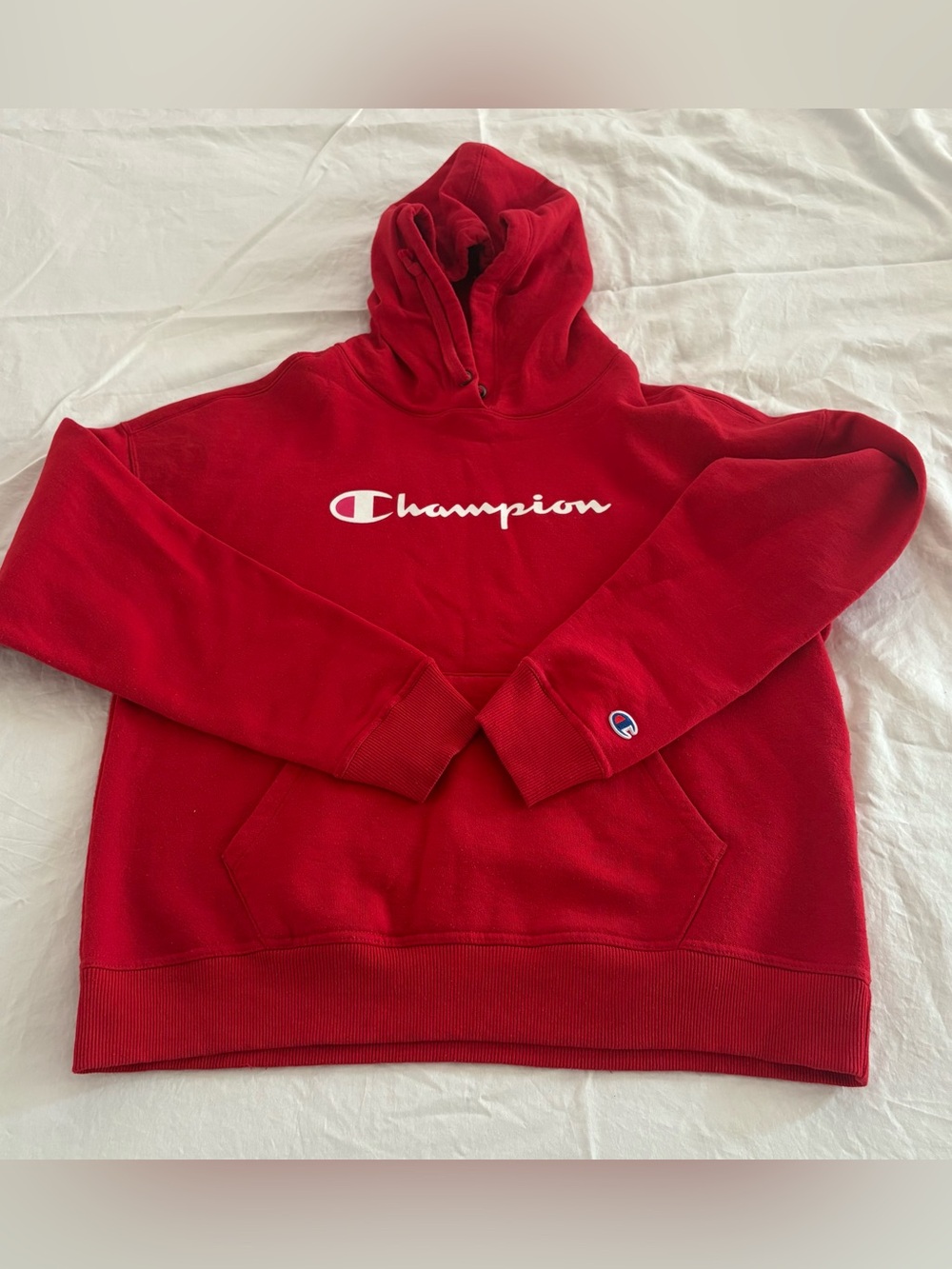 Champion Red Script Logo Hoodie – Men’s Medium